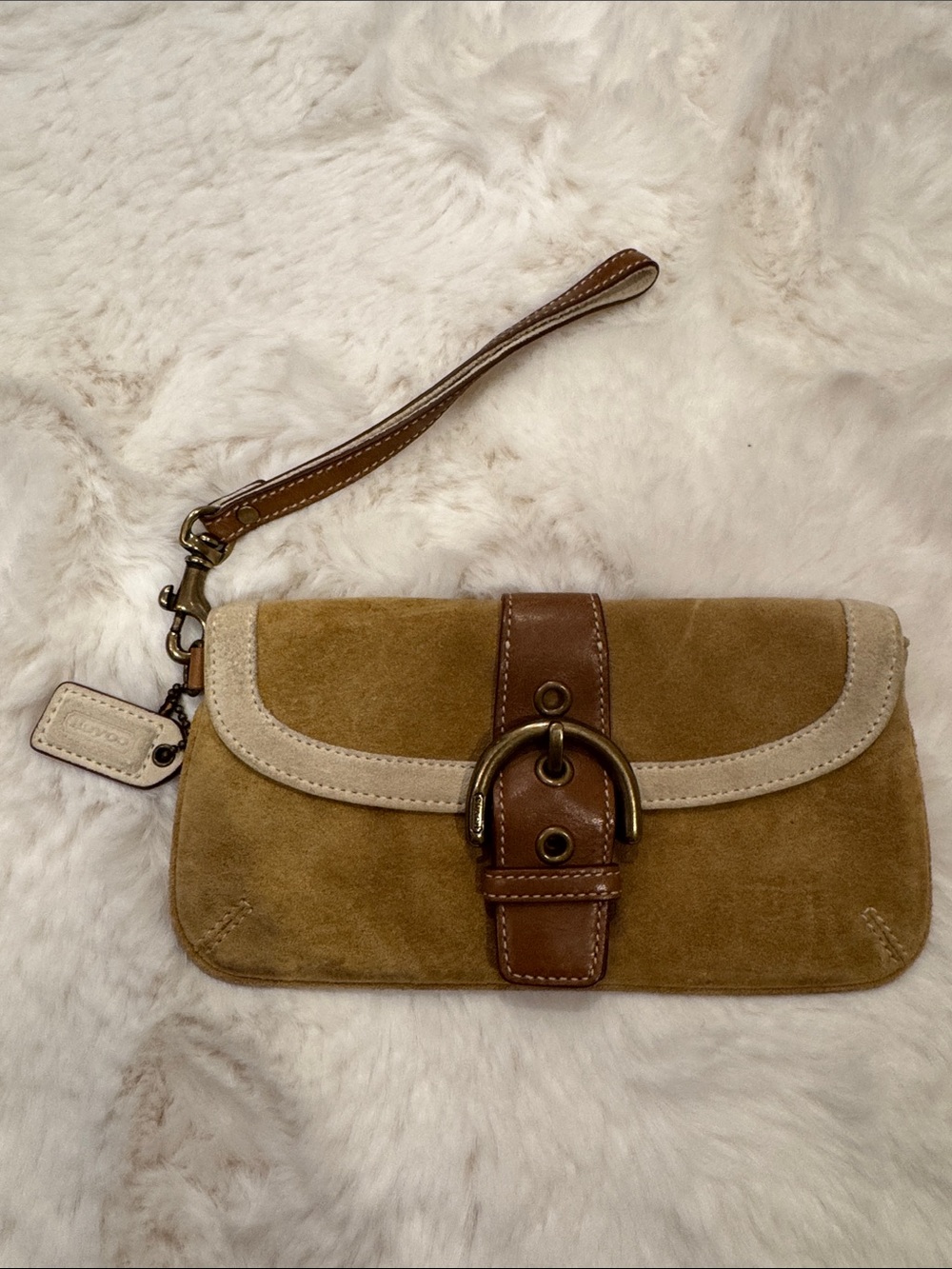 Coach soho Suede Wristlet Clutch in Tan and Brown Leather Trim